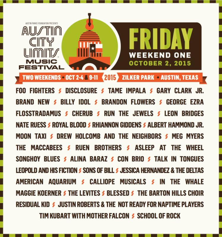 Austin City Limits Festival 2015 daily lineup.