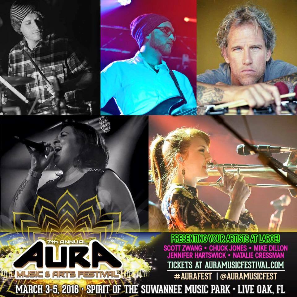 AURA Music & Arts Festival artists at large featuring: Chuck Jones, Scott Zwang, Mike Dillon, Jennifer Hartswick and Natalie Cressman. Photo by: Dopapod