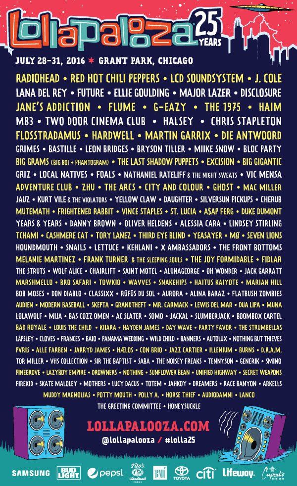Lollapalooza 2016 lineup featuring Radiohead, Red Hot Chili Peppers and over 170 acts. Photo provided.