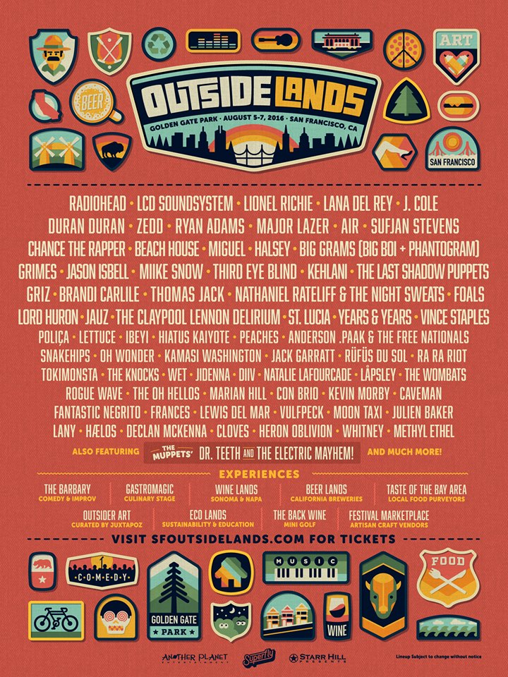 Outside Lands 2016 lineup. Photo by: Outside Lands