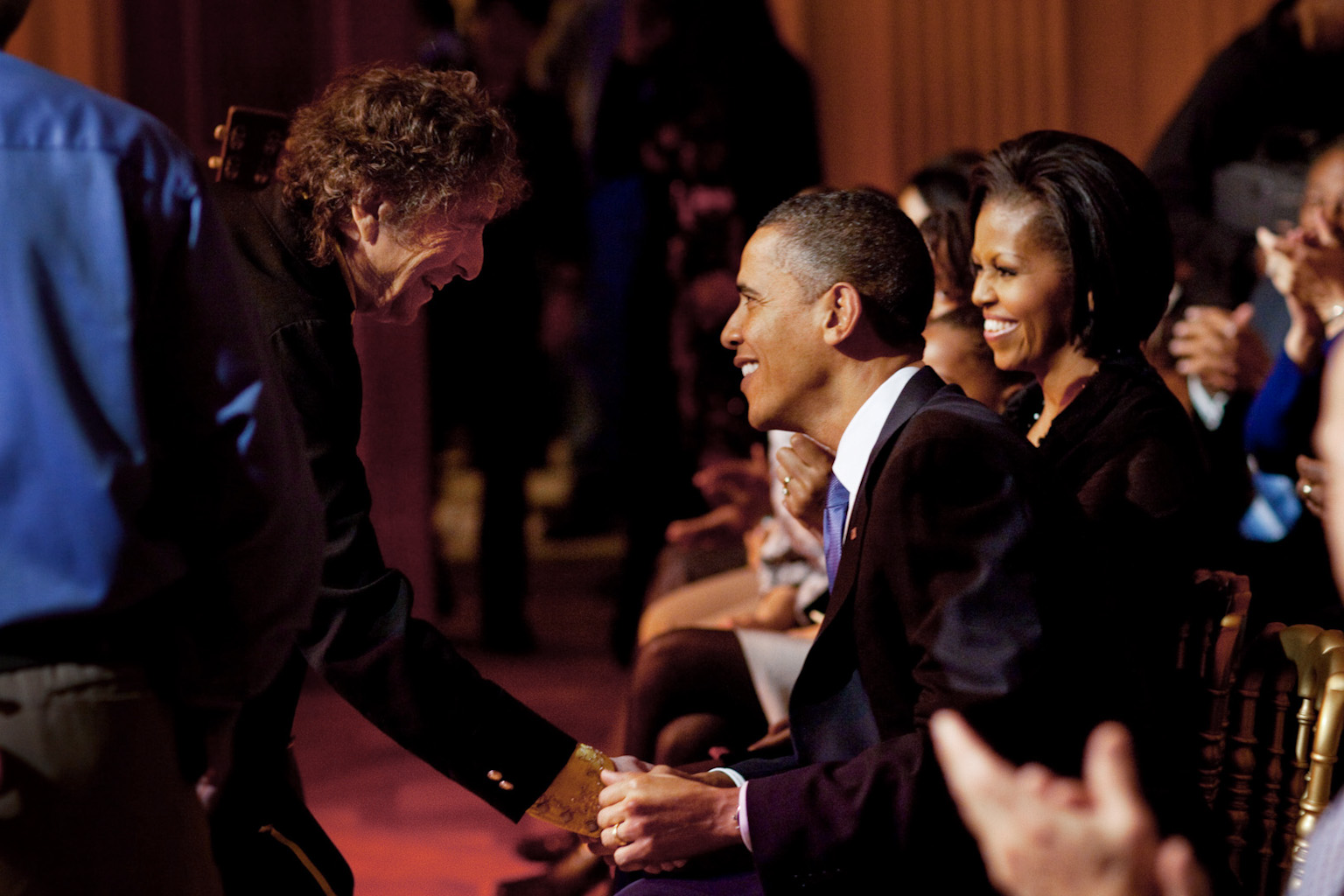 Bob Dylan shakes President Barack Obama's hand following his performance at the "In Performance At The White House: A Celebration Of Music From The Civil Rights Movement" concert in the East Room of the White House, Feb. 9, 2010. (Official White House Photo by Pete Souza)