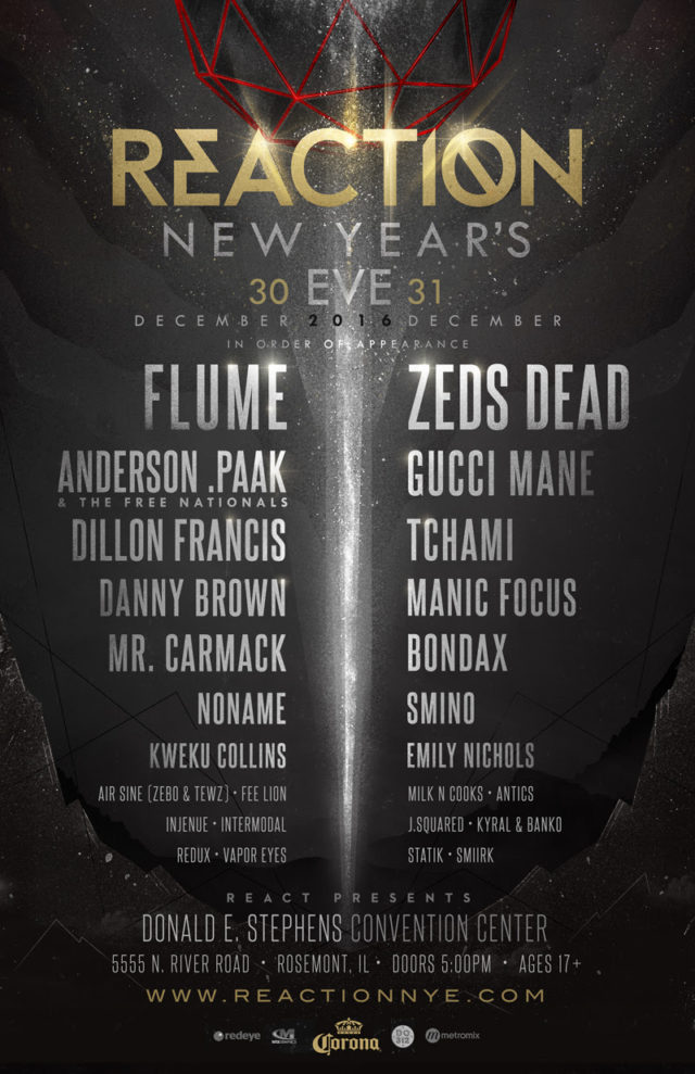 Reaction NYE 2016 at the Donald E. Stevens Convention Center in Rosemont, Illinois. Photo by: React Presents Reaction NYE 2016 at the Donald E. Stevens Convention Center in Rosemont, Illinois. Photo by: React Presents