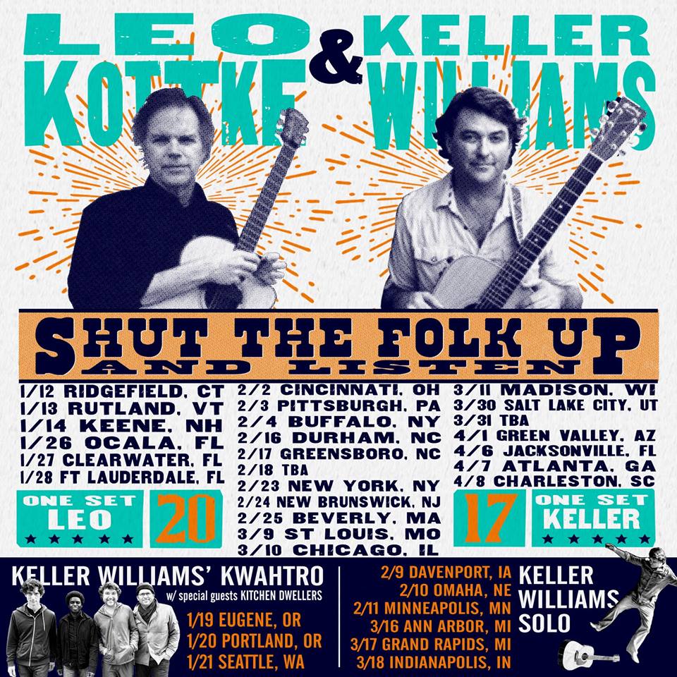 Winter tour dates showcasing KW's newest project, "Shut the Folk Up & Listen" ft. Leo Kottke, Keller Williams. Photo by: Keller Williams