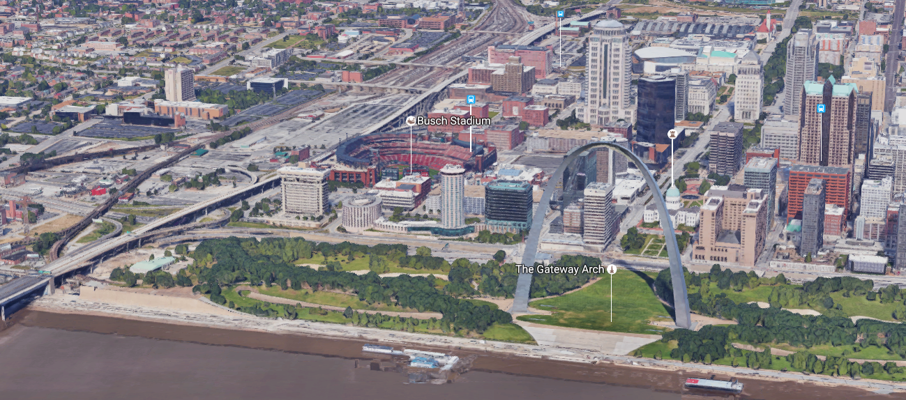A 3D image of downtown St. Louis on Google Maps. Photo by: Google Maps