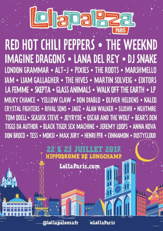 Lollapalooza Paris 2017 lineup featuring the Red Hot Chili Peppers, The Weeknd, Imagine Dragons and more. Photo provided.