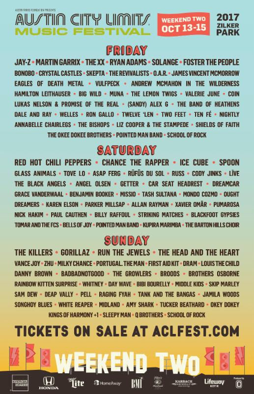 ACL Festival daily lineup for Weekend Two. Photo by: ACL Festival