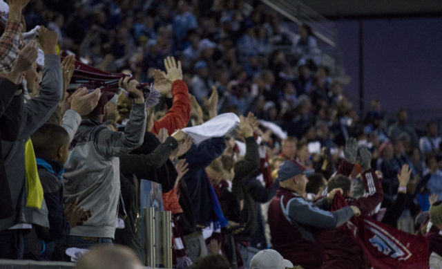 Colorado Rapids fans celebrate after the first goal of the game. Photo by: Matthew McGuire on 03/24/18 at Dick's Sporting Goods Park Colorado Rapids fans celebrate after the first goal of the game. Photo by: Matthew McGuire on 03/24/18 at Dick's Sporting Goods Park