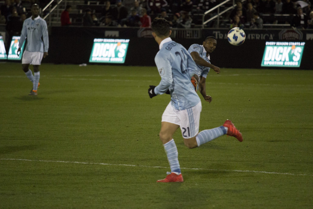 A pass between players on Sporting Kansas City in the second half. Photo by: Matthew McGuire on 03/24/18 at Dick's Sporting Goods Park