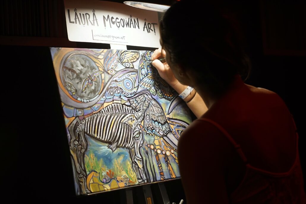 Art Laura McGowan painting during the Pre-Party at Cervantes' Ballroom in Denver on 01/17/20. Photo by: Samantha Harvey