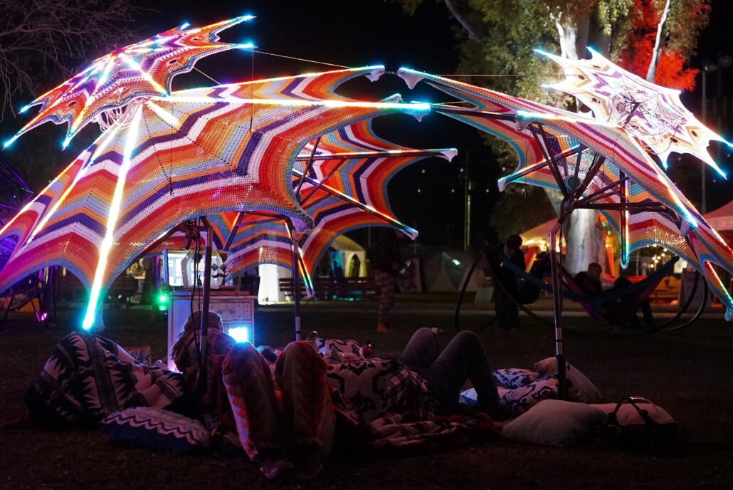 Crocheted Umbrellas at Gem and Jam Festival 2020. Photo by: Samantha Harvey