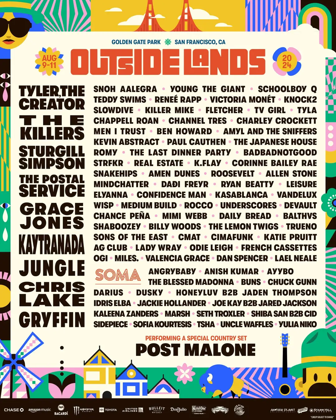 Outside Lands lineup featuring Post Malone, Tyler the Creator, The Killers and over 100 acts.