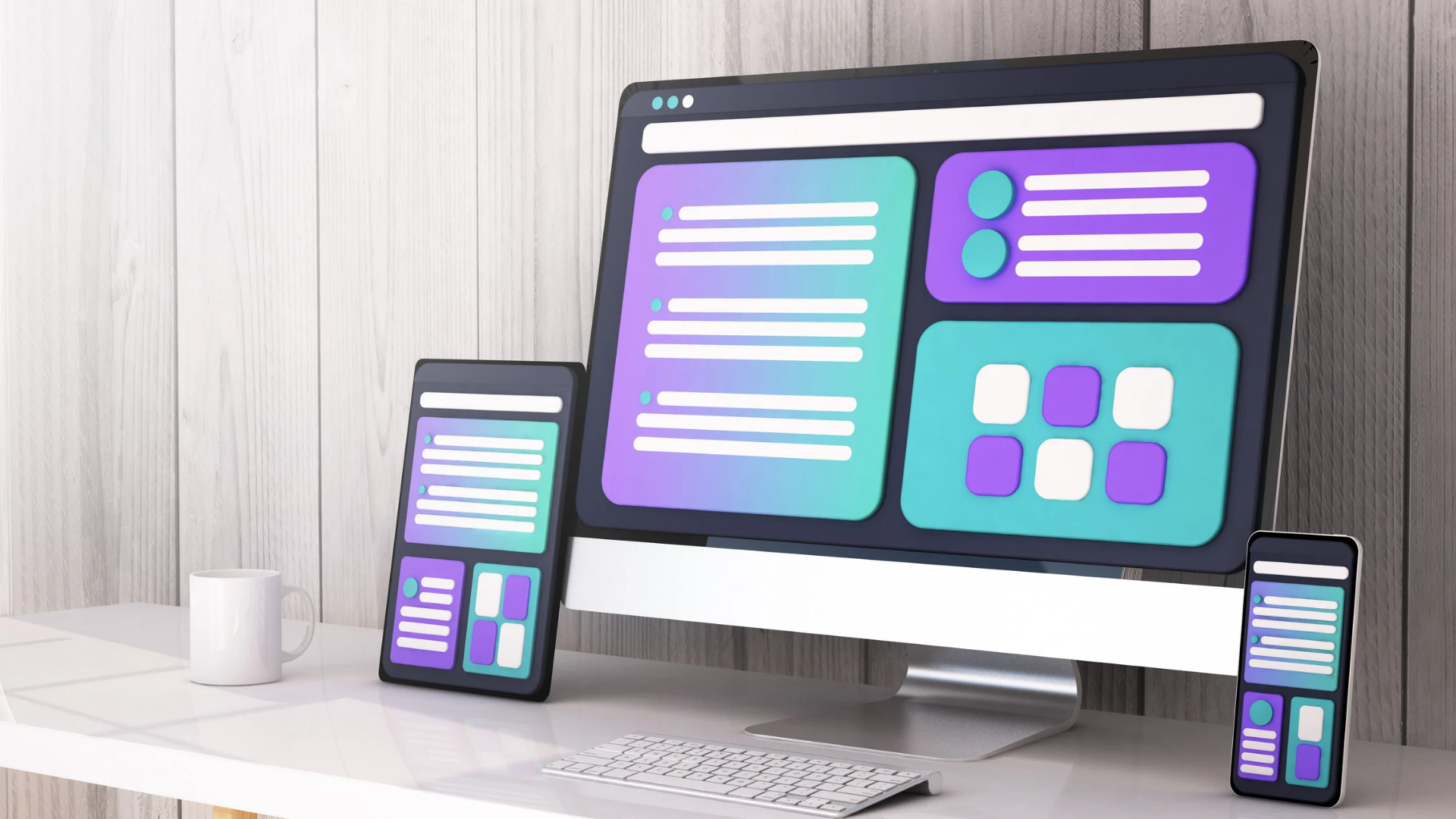 A desktop computer, tablet, and smartphone with web design trends. Photo by Canva.